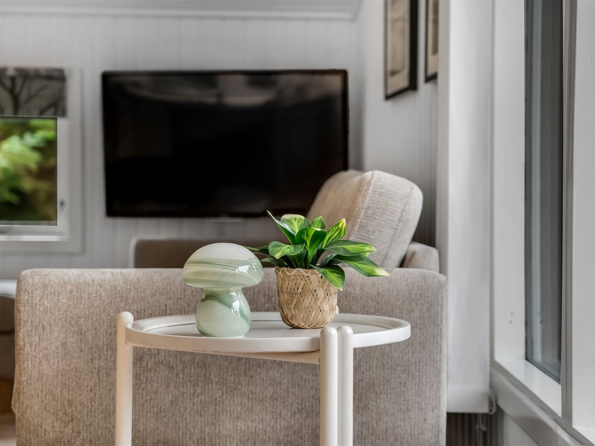 A living room with a grey sofa, a small round table with a green plant and a green vase, and a flat-screen TV mounted on the wall.