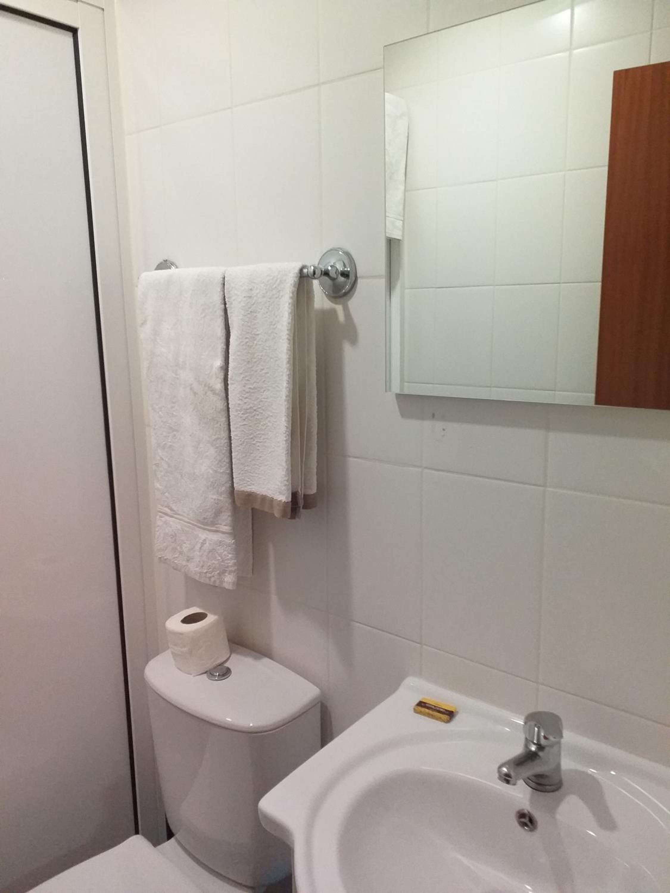 A bathroom with a toilet, a sink, a mirror, and a towel rack.