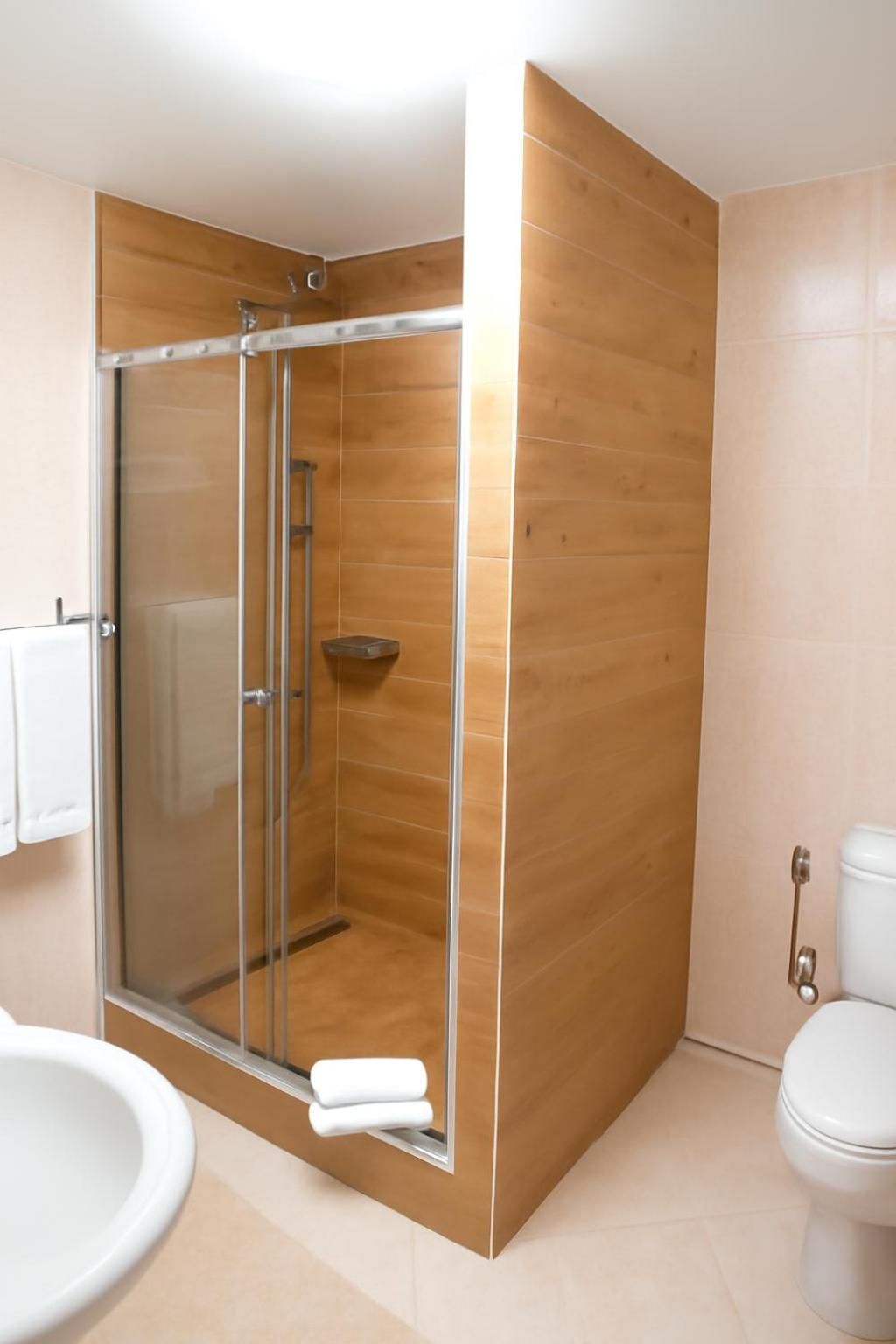 A modern bathroom with a glass-enclosed shower, wooden paneling, a white sink, and a toilet.