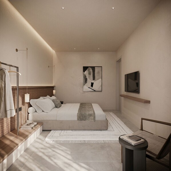 Un dormitorio moderno con cama, mesita de noche, televisor, obra de arte y espejo.