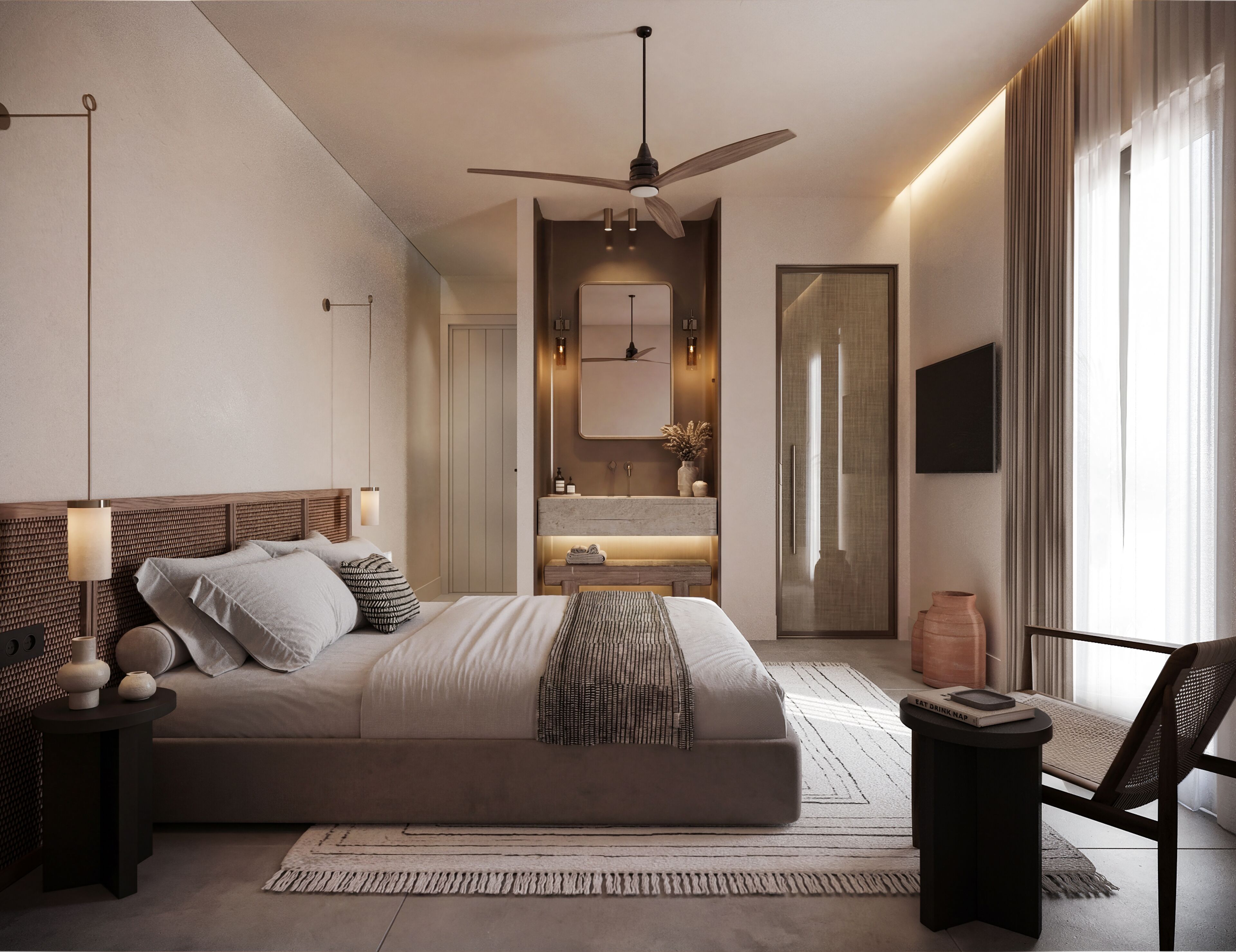 A modern bedroom with a bed, bedside tables, a ceiling fan, a TV, and a bathroom with a shower.