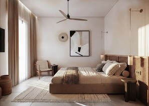 Un dormitorio moderno con cama, una silla, mesita de noche, ventilador de techo y una obra de arte en la pared.