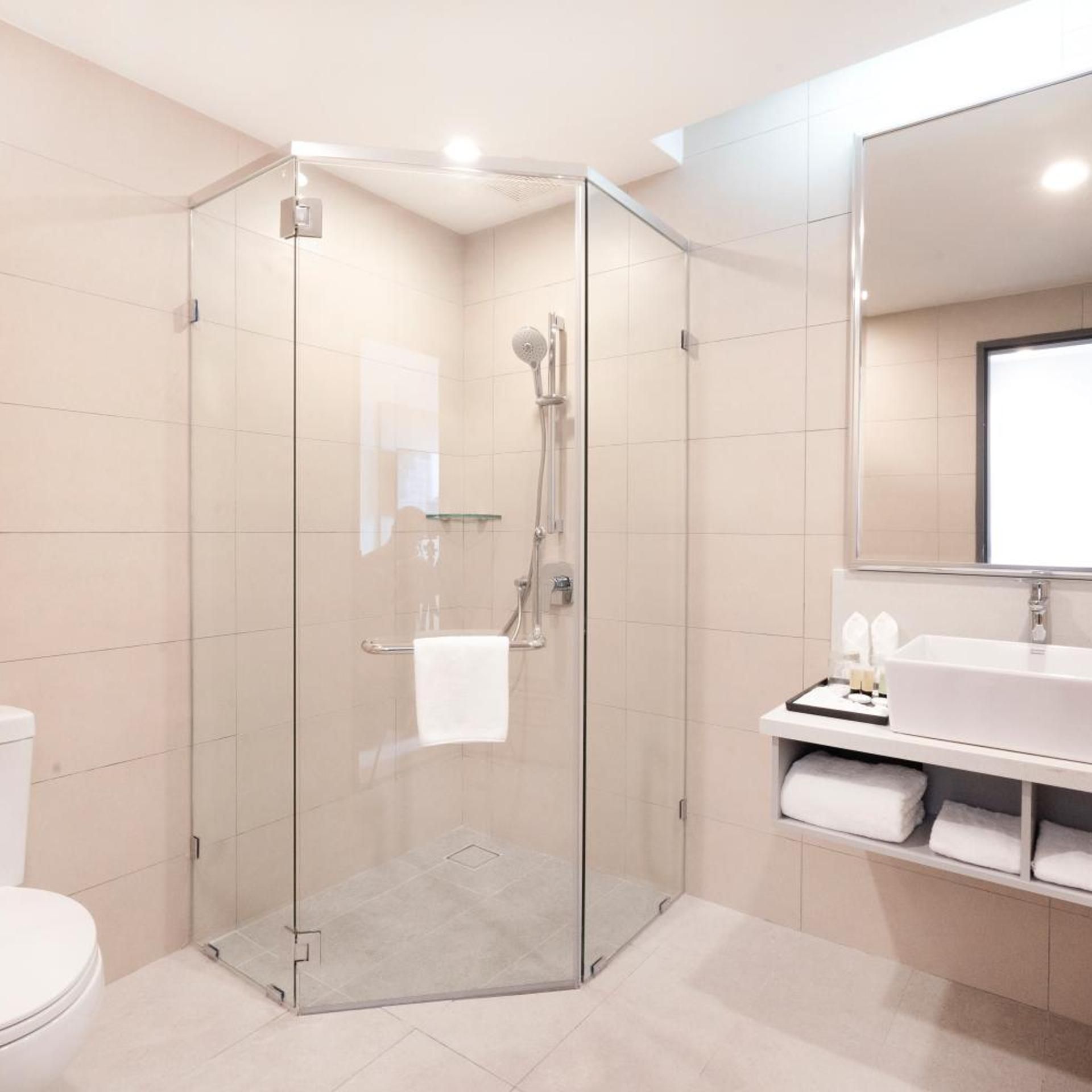 A modern bathroom with a glass-enclosed shower, a white sink, and a mirror above the sink.