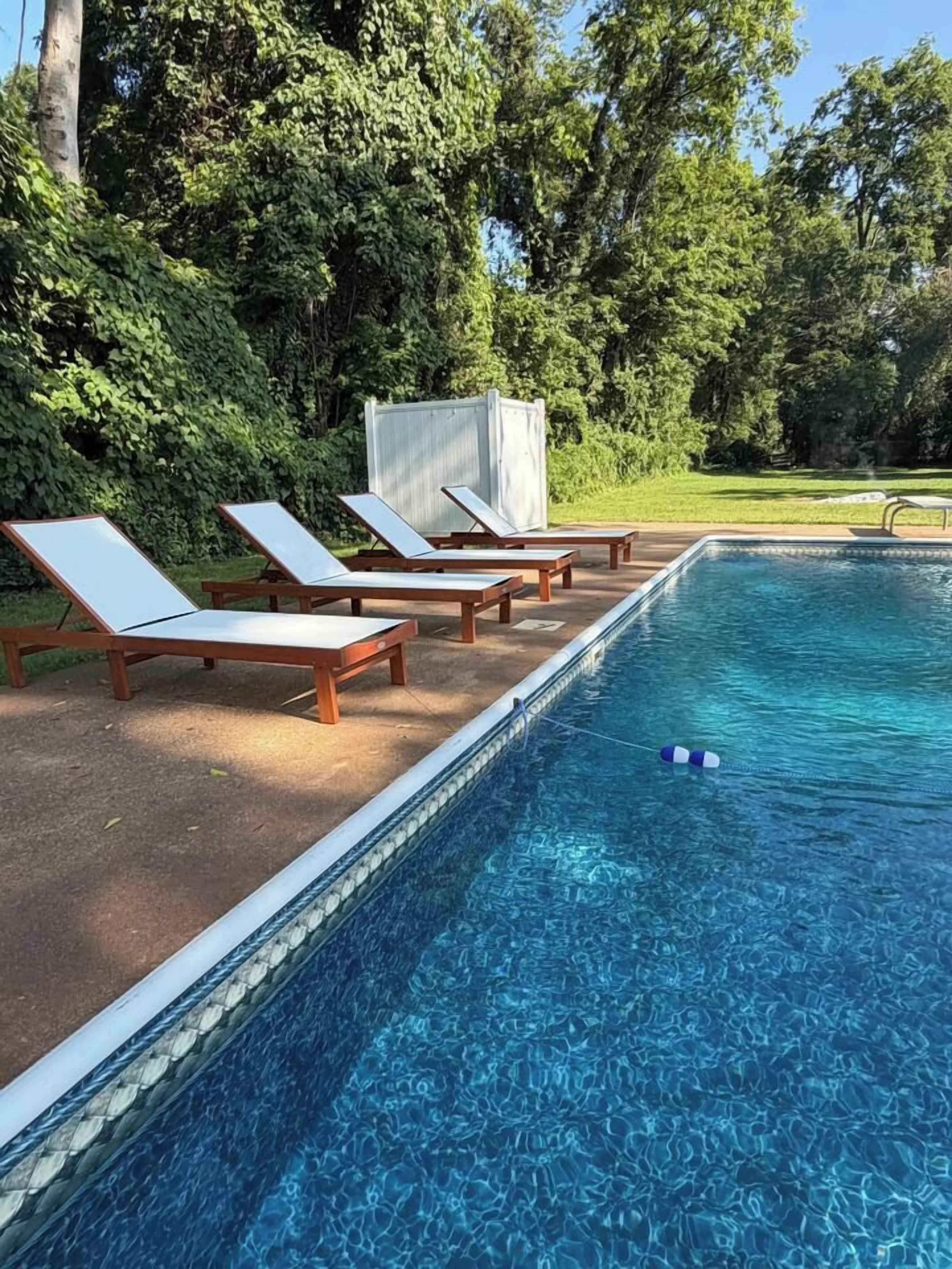 Una piscina con sillones de descanso y una zona cubierta, rodeada de vegetación.
