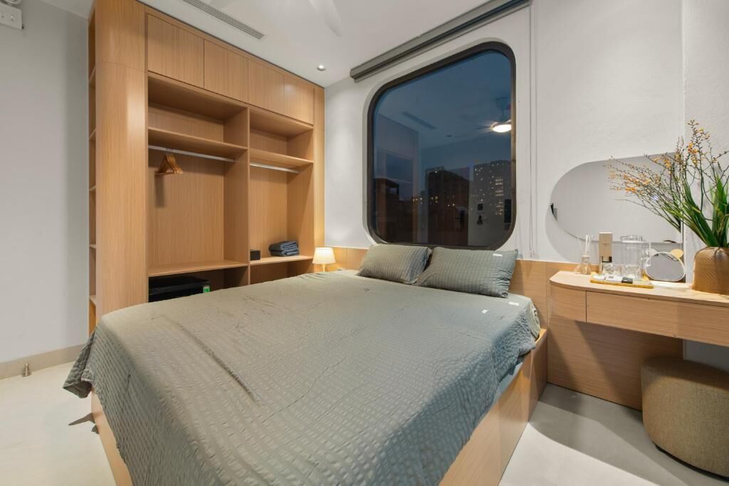 Desk, blackout curtains, soundproofing, iron/ironing board