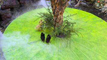 Un estanque con una gran hoja de nenúfar verde, un árbol y dos pequeños animales.