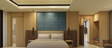 A modern bedroom with a large bed, wooden paneling, a textured wall, and a ceiling light.