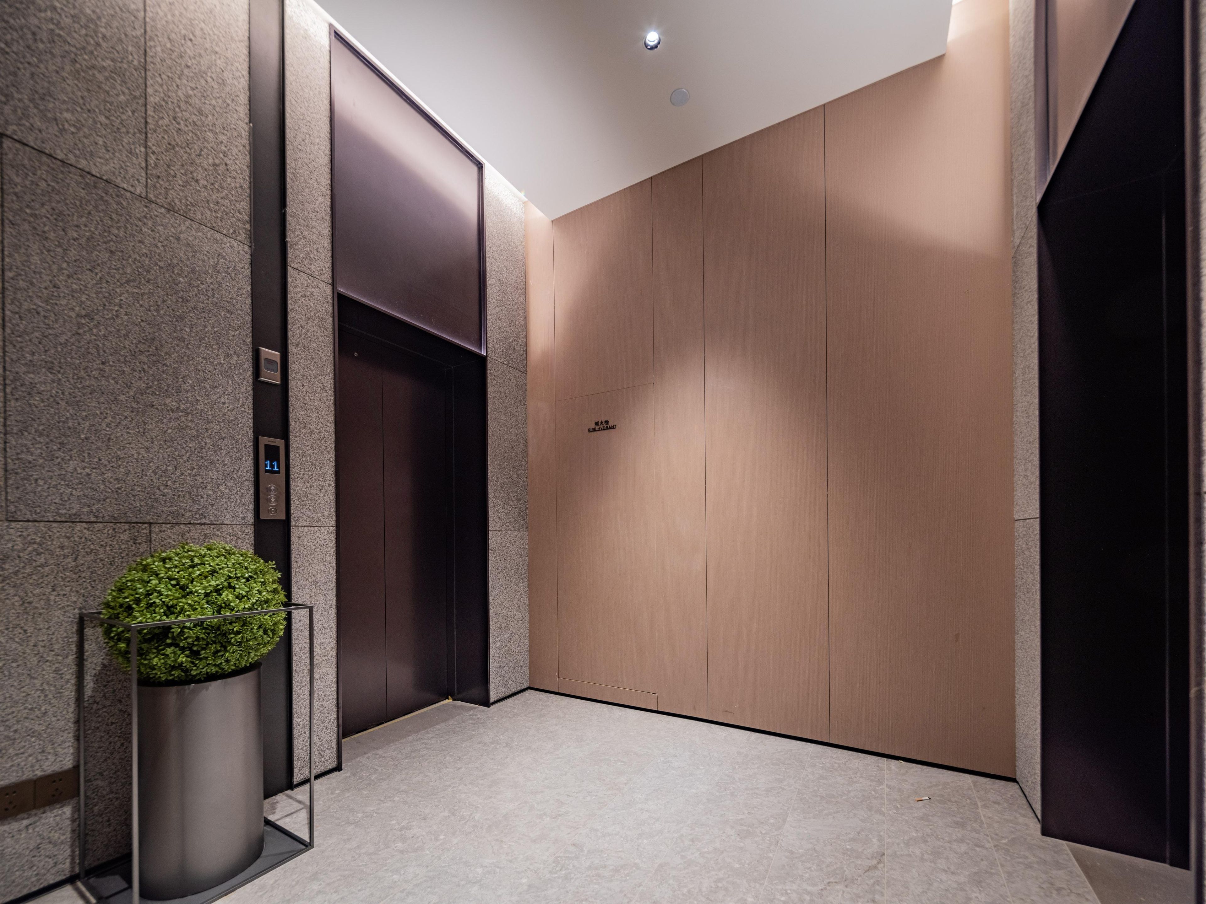 Elevador moderno com visor digital, um vaso de planta e um painel de parede.