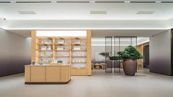 Un intérieur moderne avec un comptoir d’accueil, des étagères et une grande plante en pot.