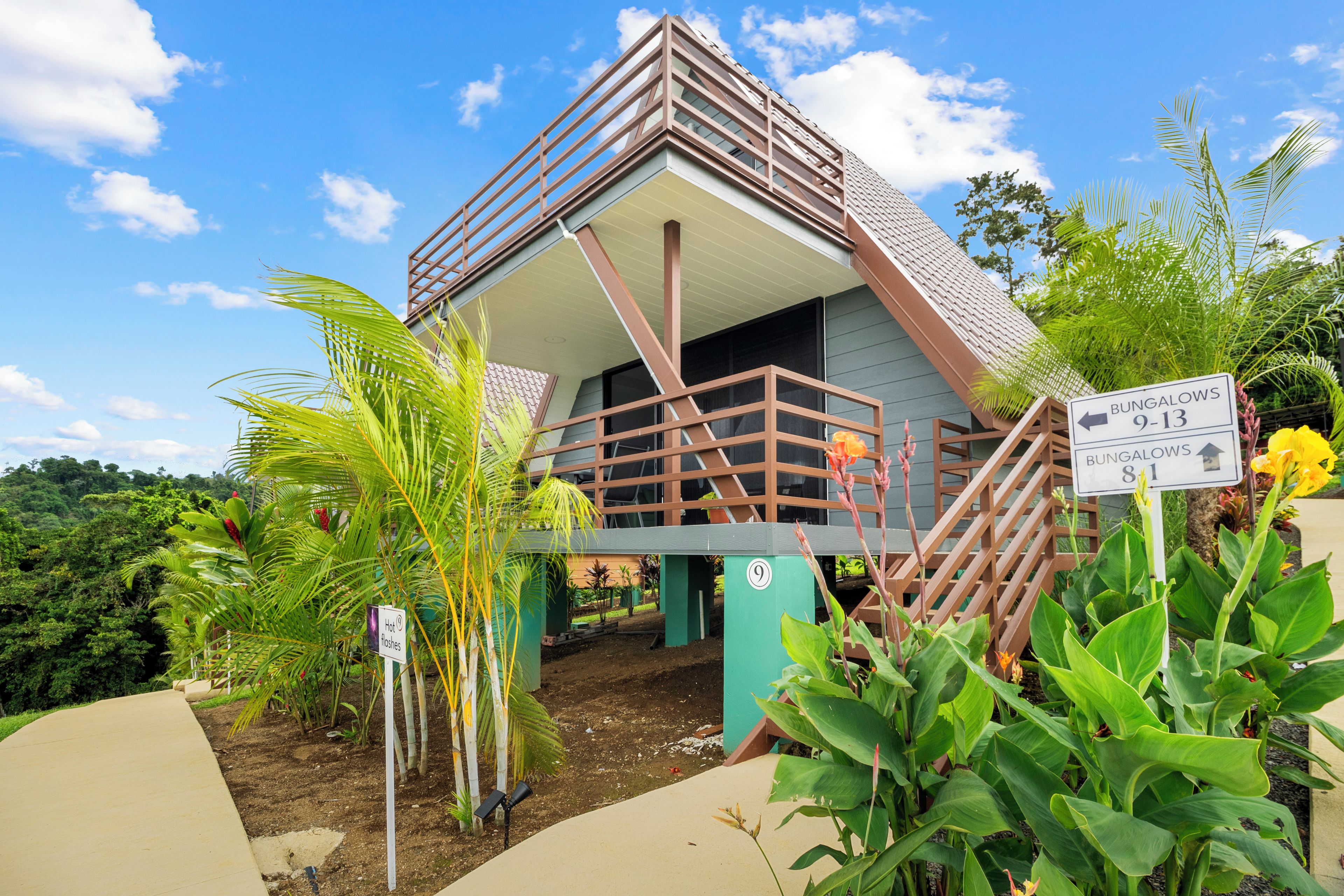 A bungalow with a sloped roof, surrounded by lush greenery and a clear sky.