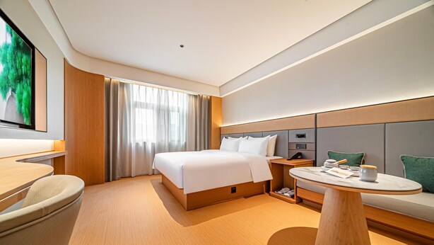 Une chambre d’hôtel moderne équipée d’un lit, d’une table de chevet, d’un coin salon et d’un téléviseur.