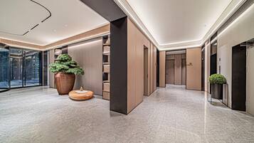 A modern hallway with a large potted tree, built-in shelving, and an elevator.
