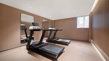 A modern gym with treadmills, a mirrored wall, and a large window.