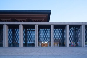 Ein modernes Gebäude mit einer gemusterten Fassade und großen Säulen.