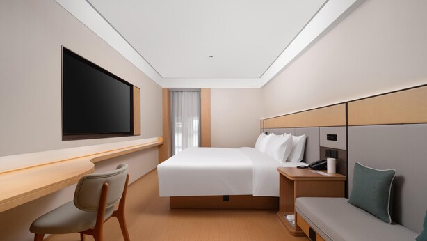 Una habitación de hotel con una cama, un escritorio, una silla, un televisor y una mesita de noche.