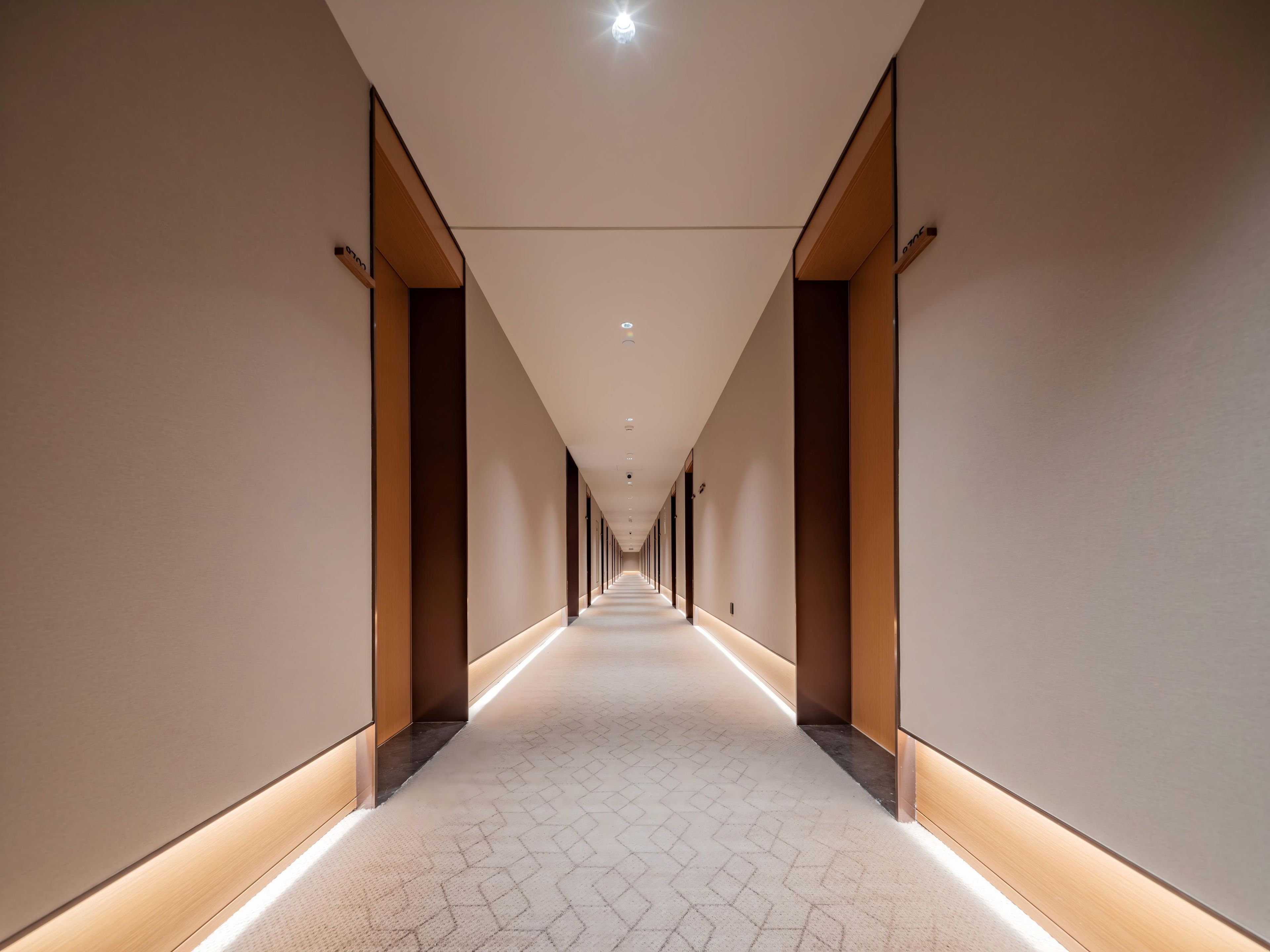 Un largo y estrecho pasillo de hotel con piso estampado e iluminación empotrada.