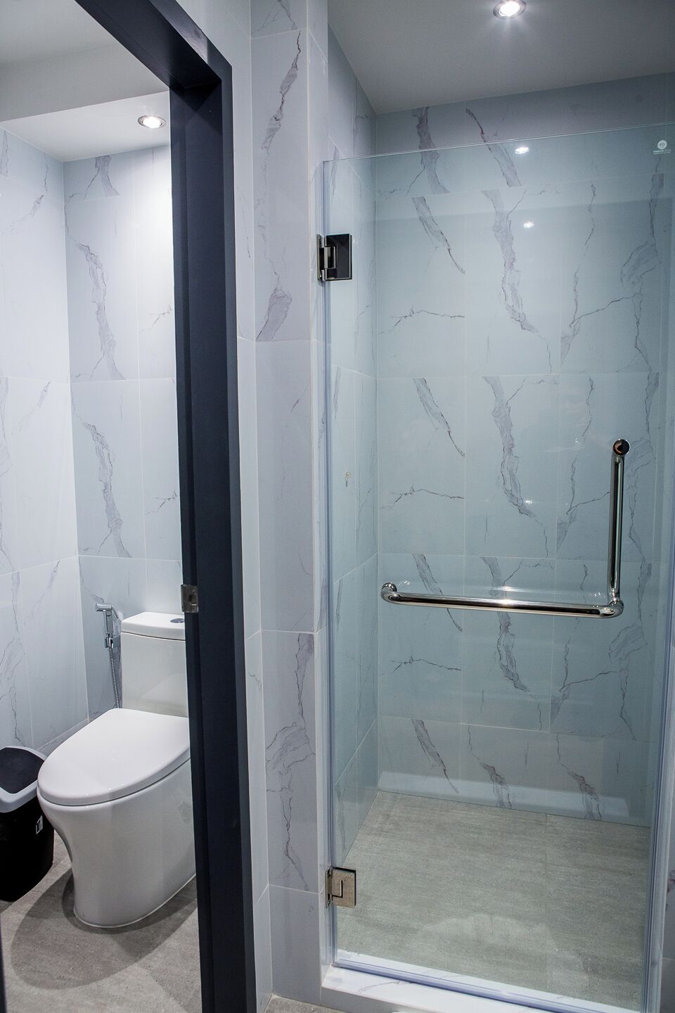 A modern bathroom with a glass shower enclosure, a toilet, and a marble-patterned wall.