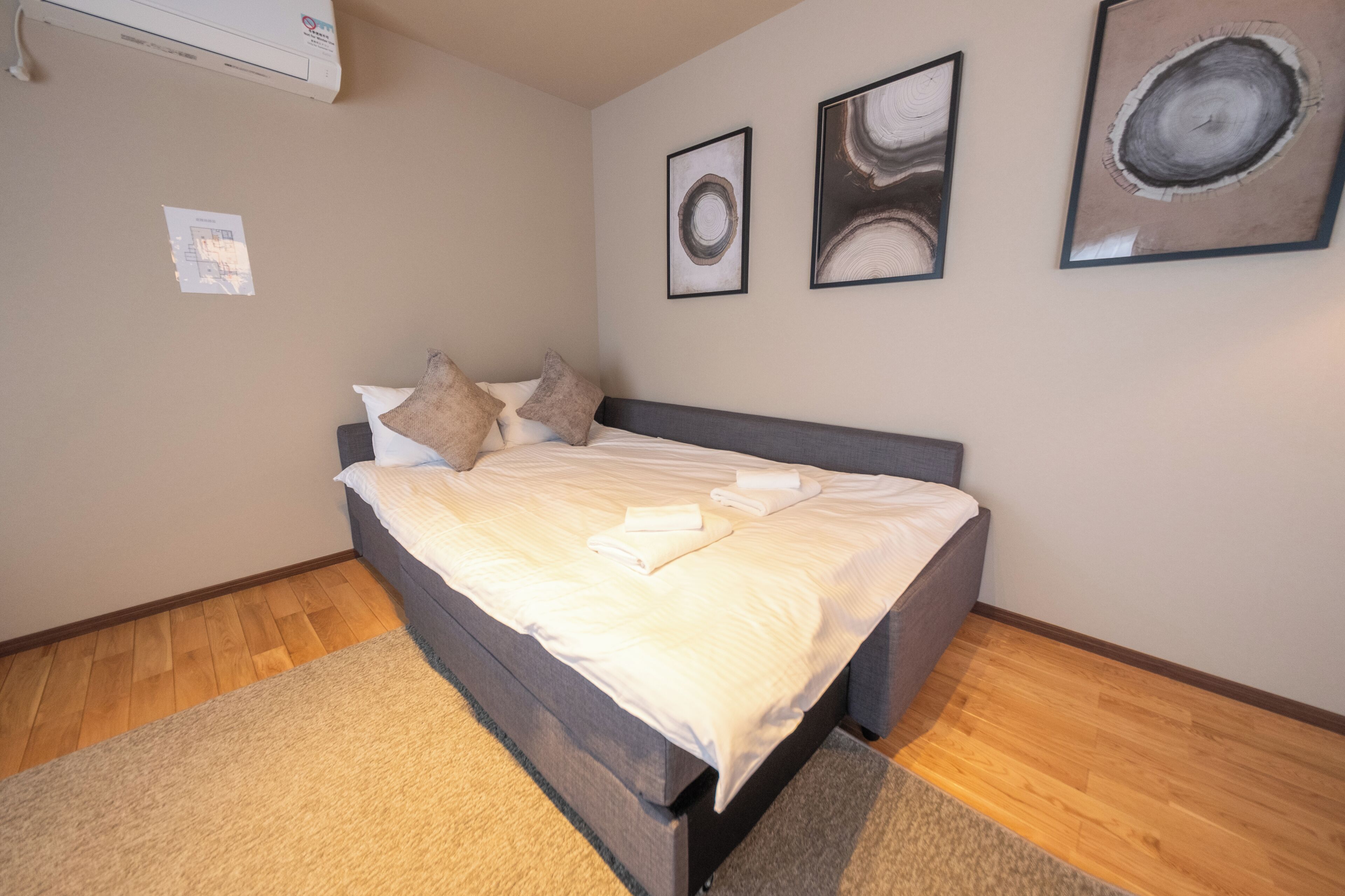 A bedroom with a bed, pillows, a rug, and three framed pictures on the wall.