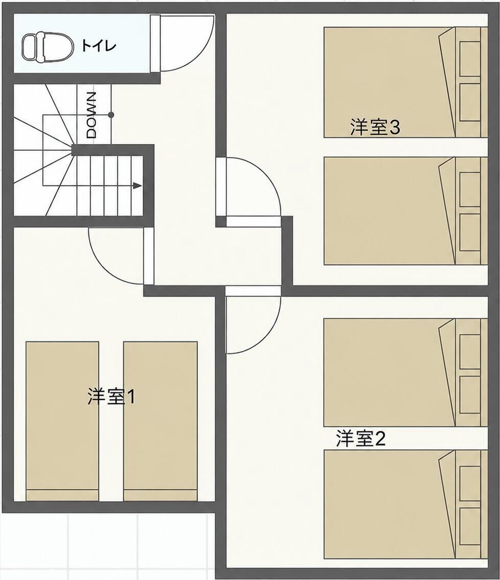 A hotel floor plan with three rooms, a toilet, and a staircase.