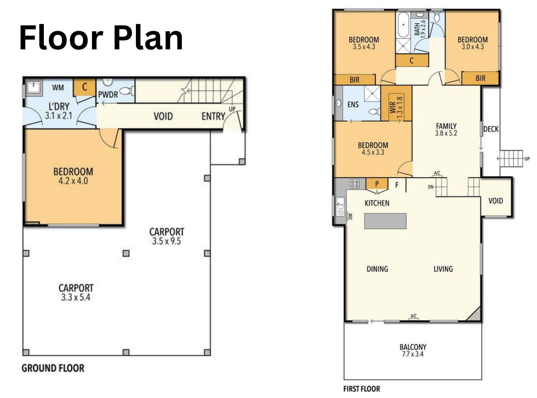 A floor plan with two bedrooms, a kitchen, dining area, living room, and a balcony.