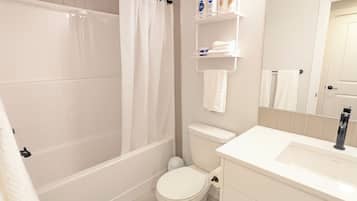 Hair dryer, towels, soap, shampoo