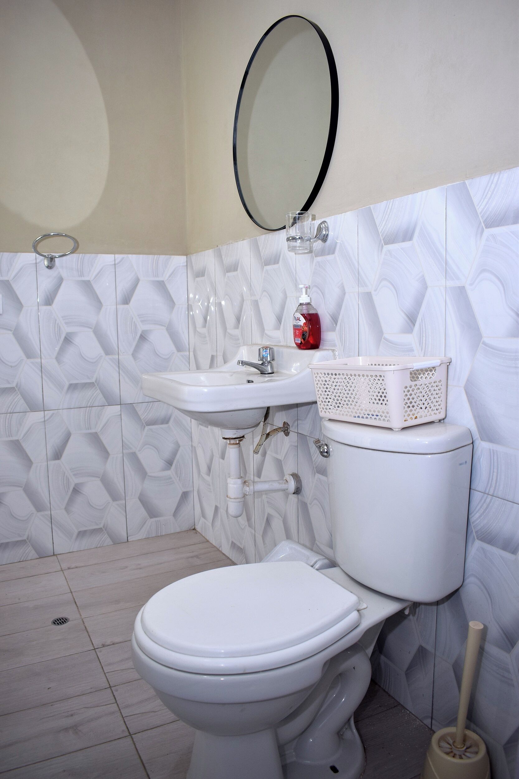 Une salle de bain avec des toilettes, un lavabo et un miroir.