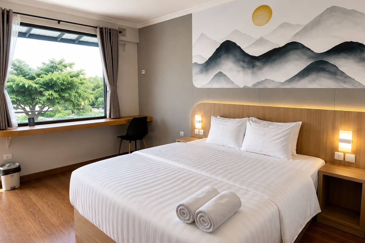 Habitación de hotel con una cama grande, un escritorio, una silla, una ventana con cortinas, un cuadro en la pared y una mesita de noche con lámpara.