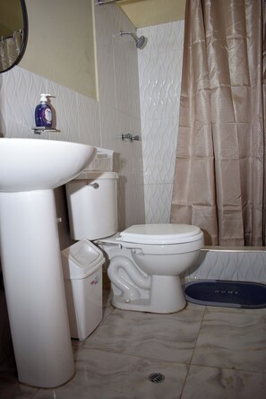 A bathroom with a toilet, bidet, sink, and a shower curtain. - Vrbo Property (Huaraz)