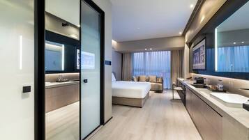 Shower, rainfall showerhead, eco-friendly toiletries, hair dryer
