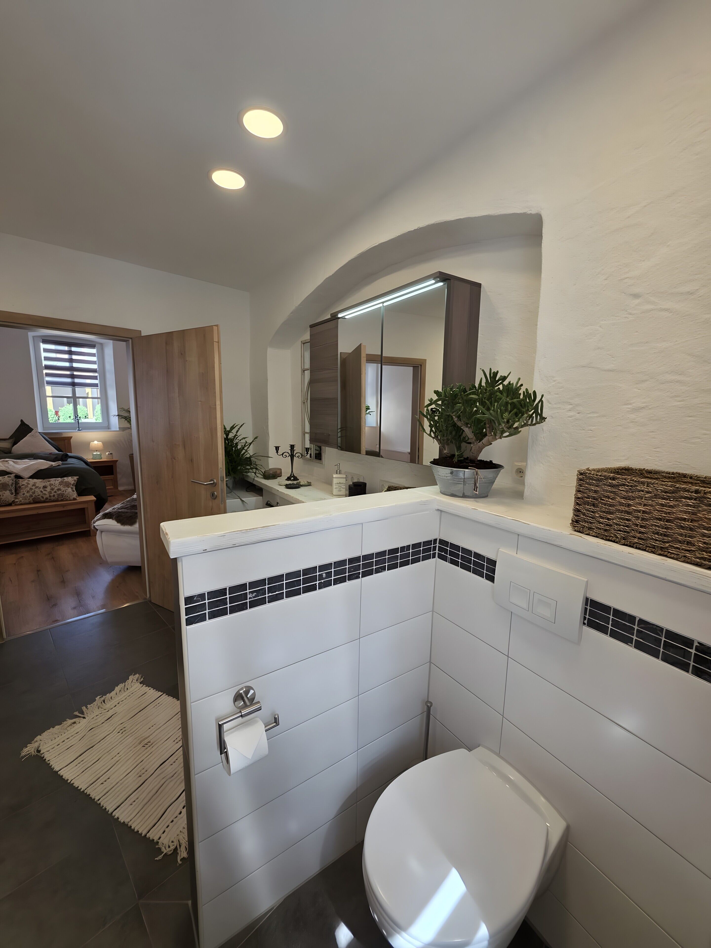 A bathroom with a white toilet, a mirror, and a potted plant.