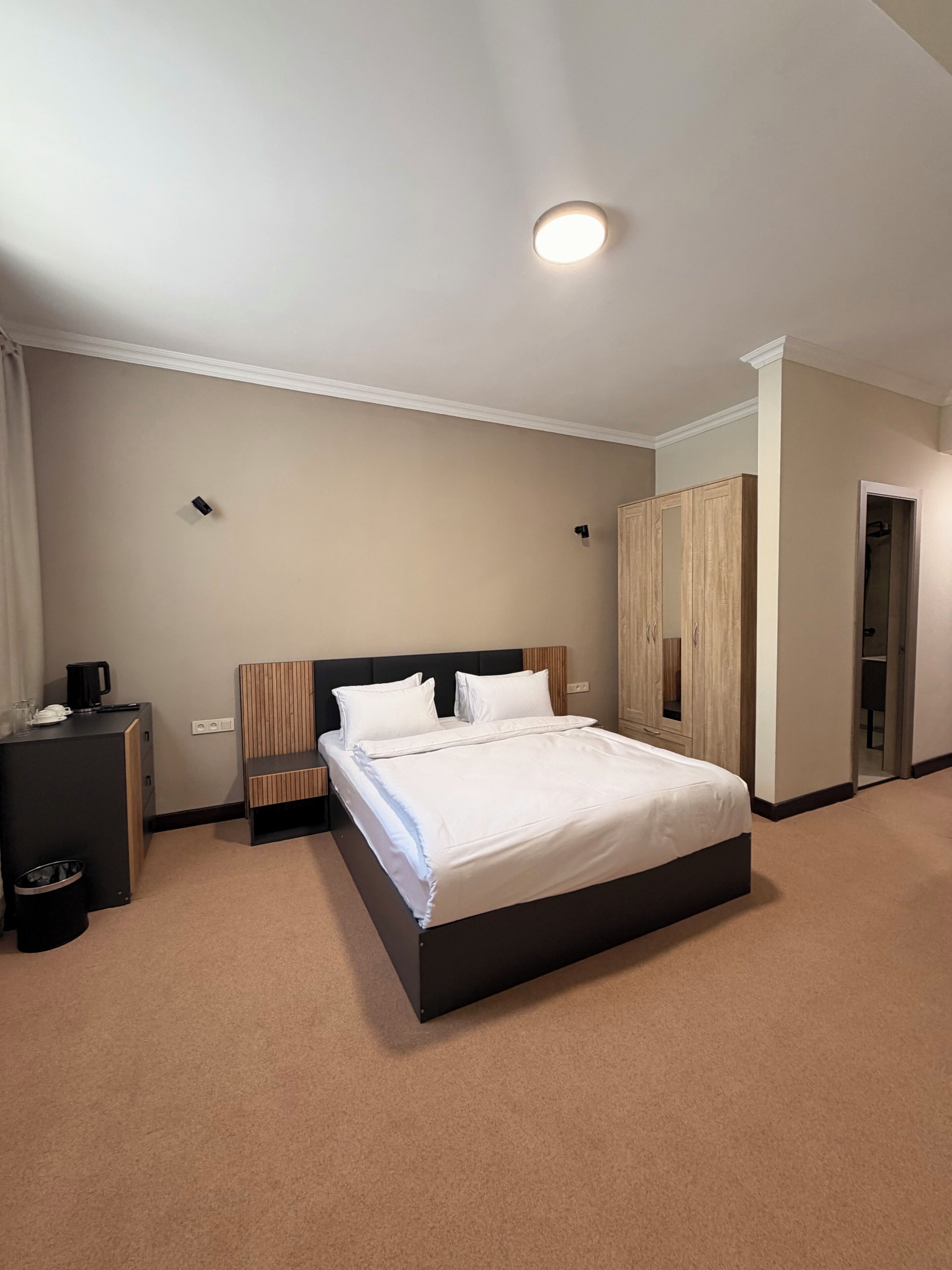 A hotel room with a large bed, a bedside table, a wardrobe, and a ceiling light.