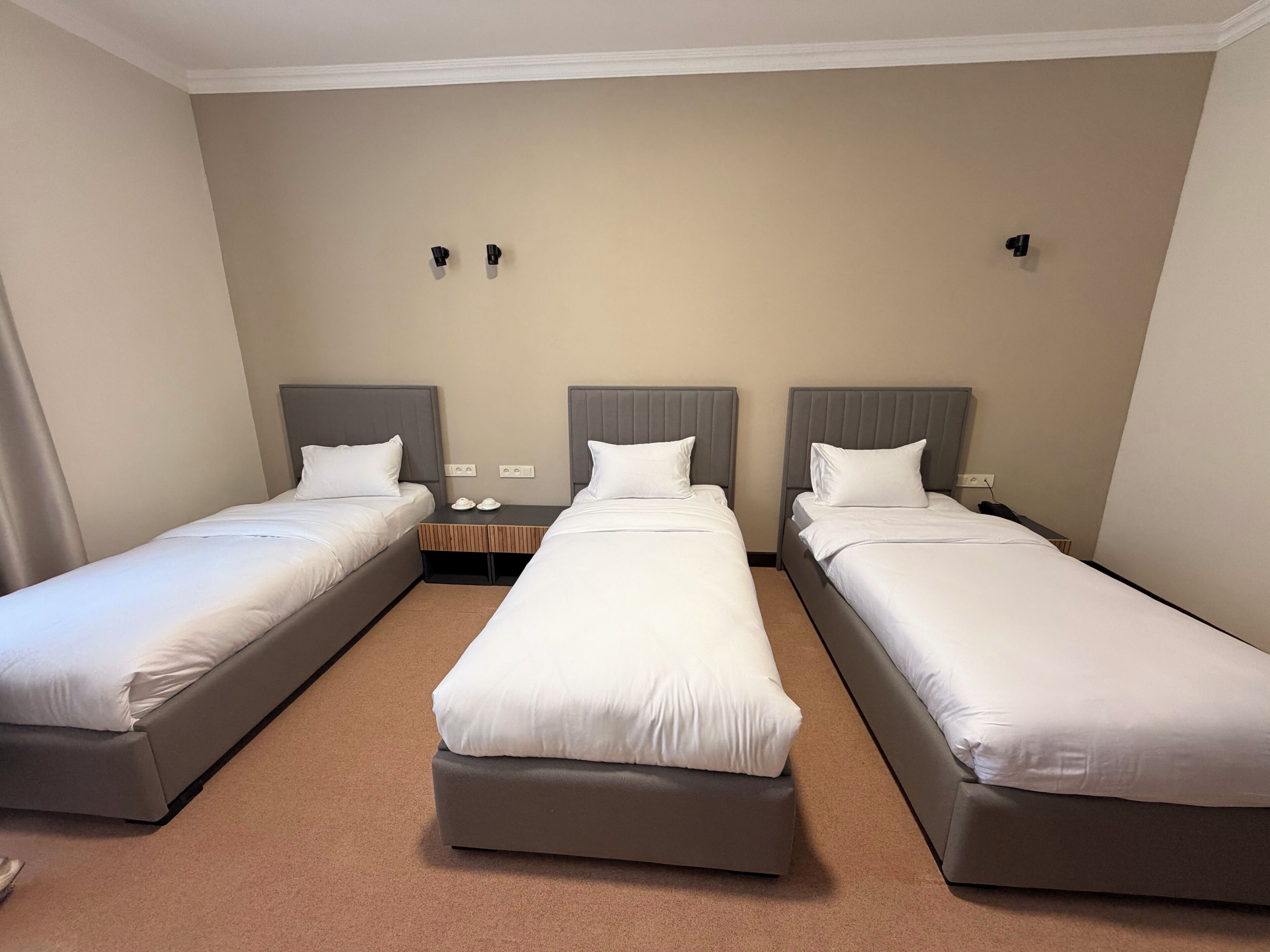 Una habitación de hotel con tres camas individuales, una pequeña mesita de noche y dos interruptores de luz en la pared.