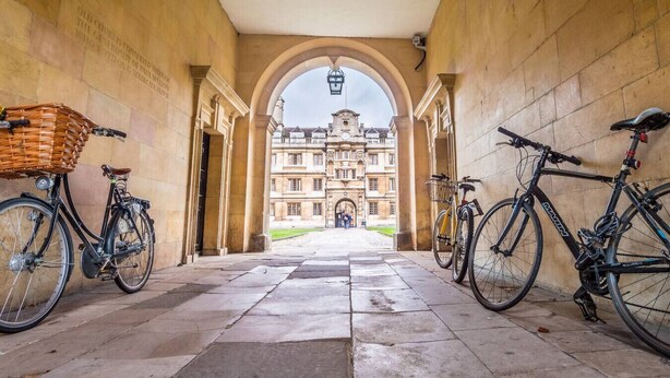 A corridor with two bicycles, a wicker basket, and a building with classical architecture in the background.