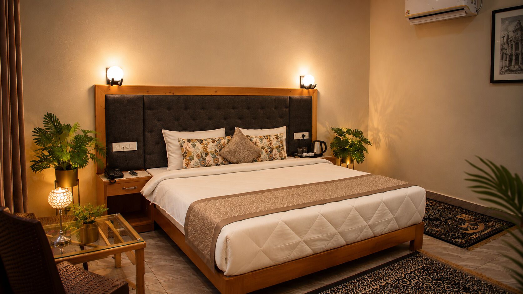 Une chambre d’hôtel avec un lit, des tables de chevet, une lampe et un climatiseur fixé au mur.