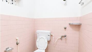 Shower, rainfall showerhead, slippers, bidet