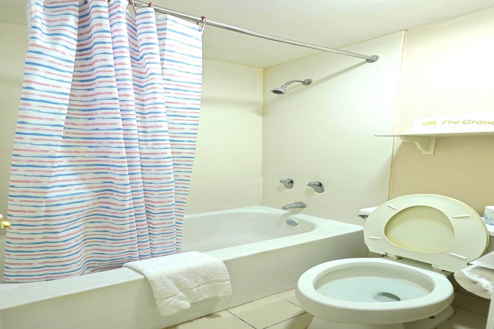 Ein Badezimmer mit Badewanne, Toilette und Duschvorhang.
