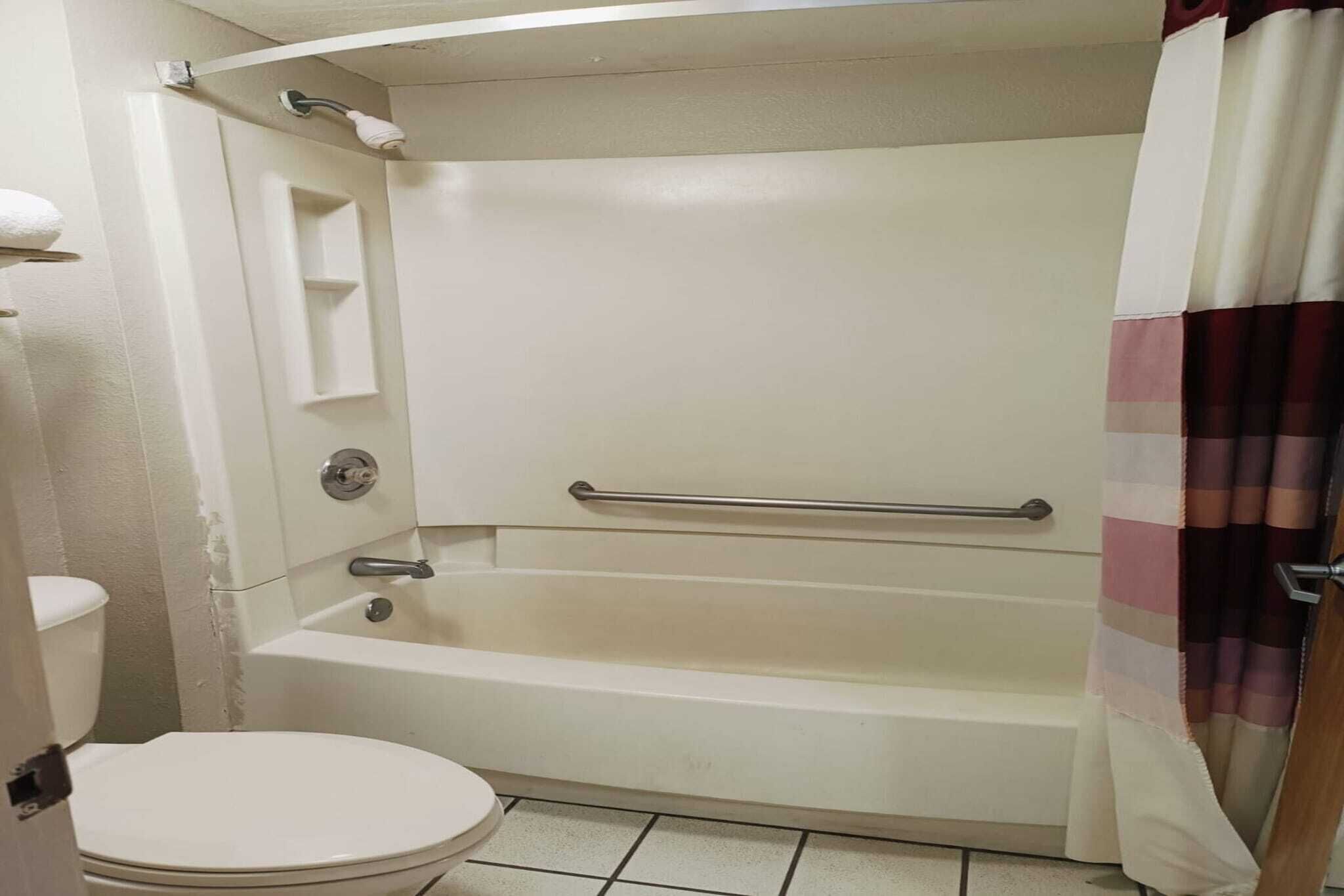 A bathroom with a toilet, a bathtub, and a shower curtain.
