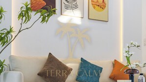 A modern living room with a white sofa, gold legs, and decorative pillows. There are framed artworks on the wall and a small table with a plant. - Terra Calm Private Pool Villa (Da Nang)