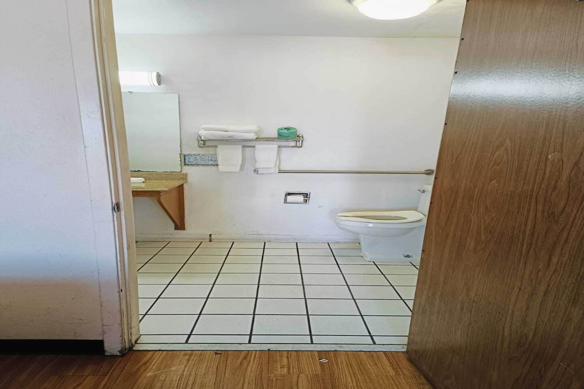 A bathroom with a toilet, a sink, and a mirror.