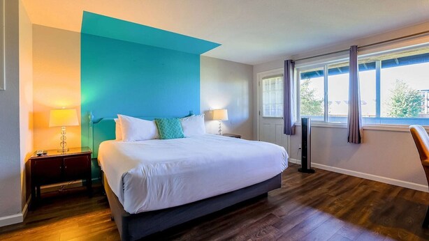 A hotel room with a large bed, two bedside lamps, a nightstand, a window with curtains, and a view of the outside.
