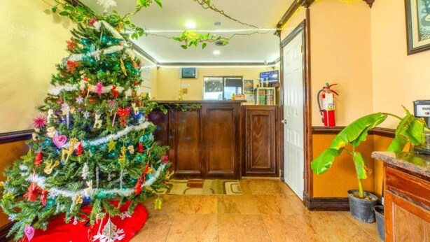 Vestíbulo con un árbol de Navidad, mostrador de recepción de madera y un extintor.