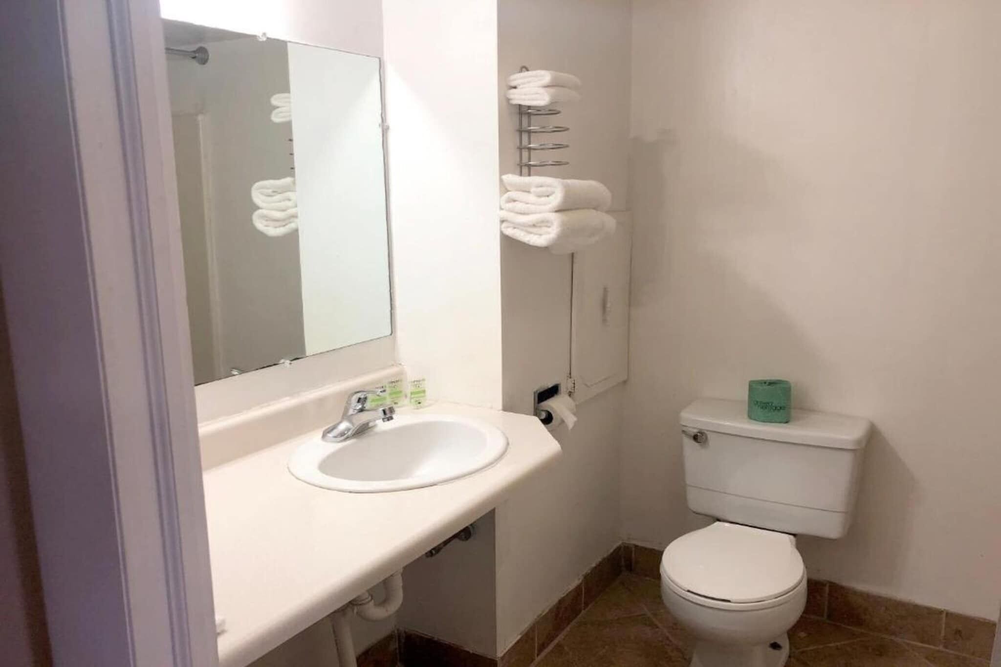 A bathroom with a sink, mirror, toilet, and towel rack.