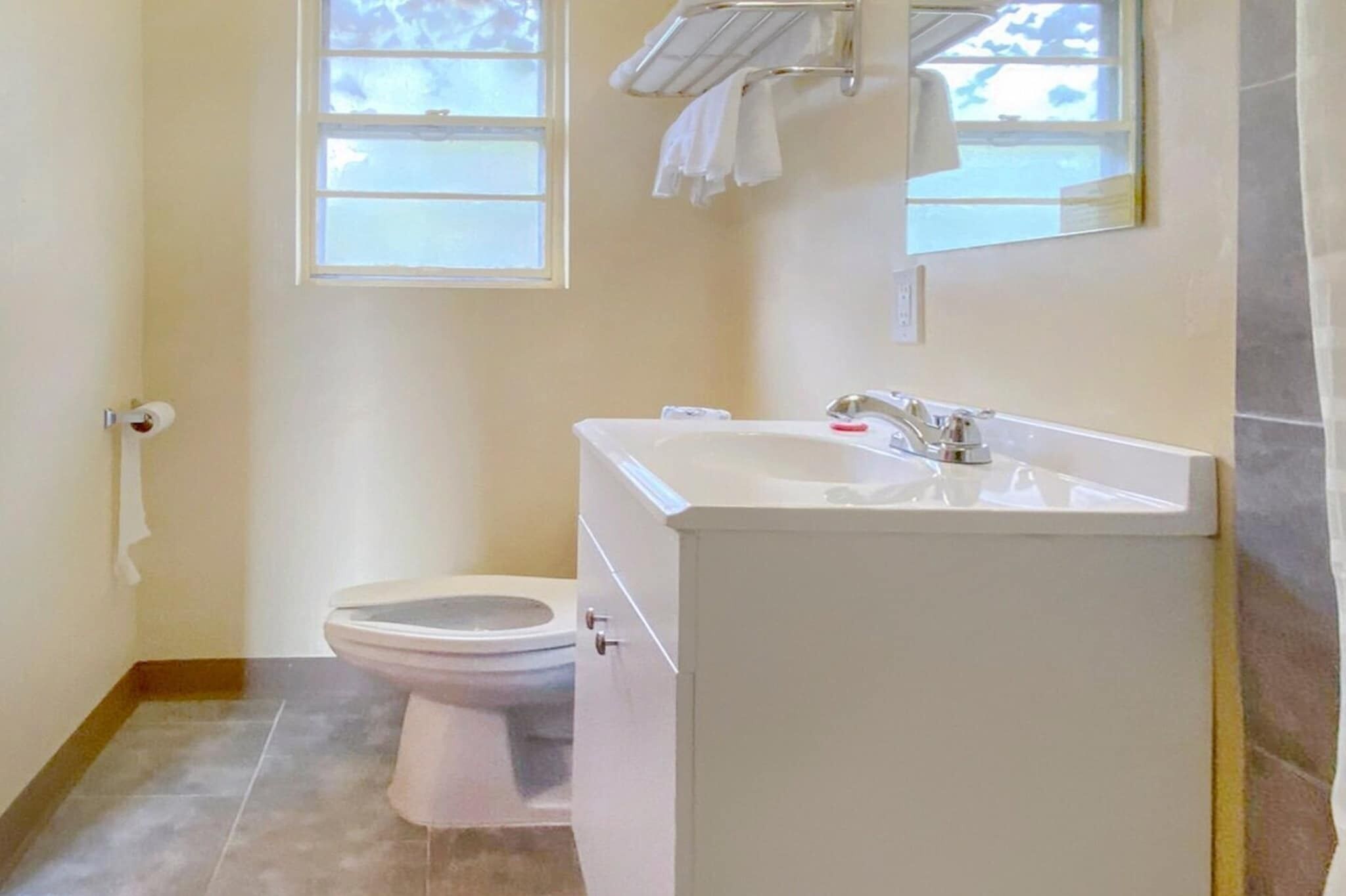 Un bagno con il water, un lavandino e una finestra.
