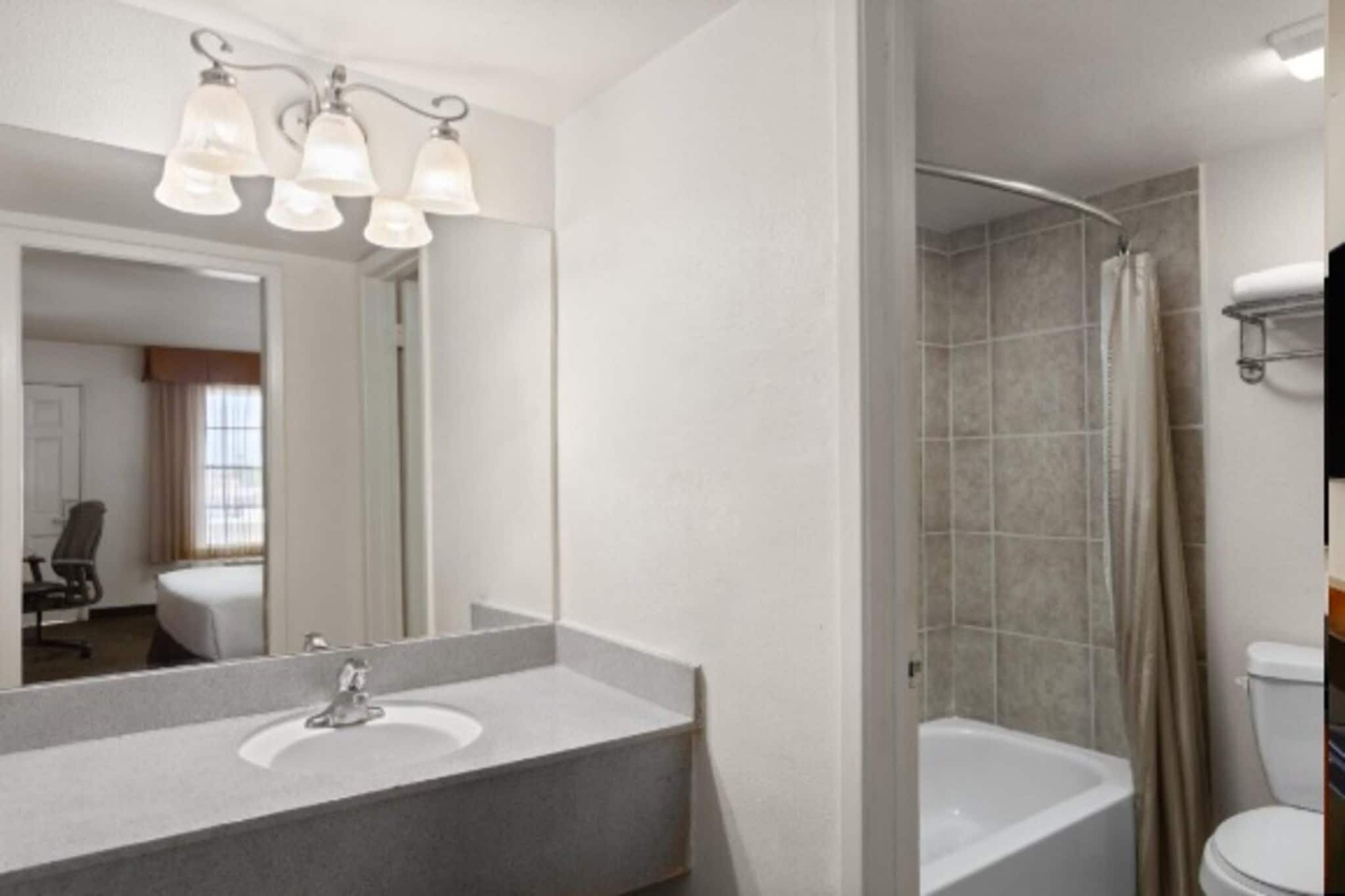 Een badkamer met een grote spiegel, een wastafel, een douche en een toilet.