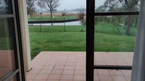 En vy genom en glasdörr som visar en uteplats med ett klinkergolv, en gräsyta och en vattenyta.