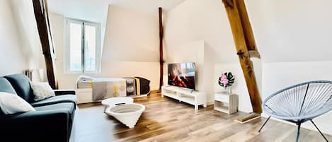 Een moderne loftkamer met zichtbare houten balken, een zwarte bank, een witte hocker, een televisie en een hangstoel.