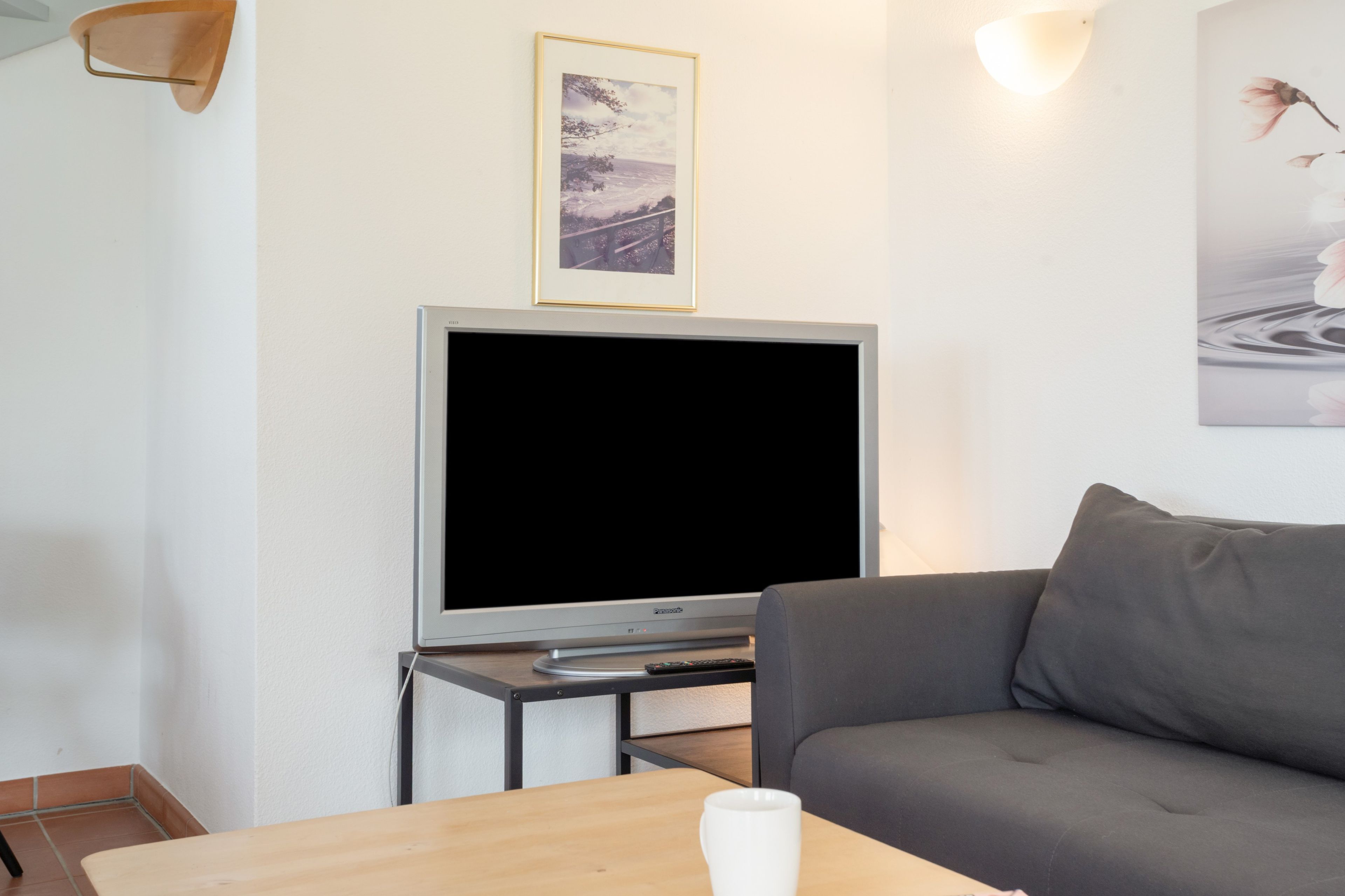 A living room with a flat-screen TV, a grey sofa, a wooden coffee table, and a framed picture on the wall.