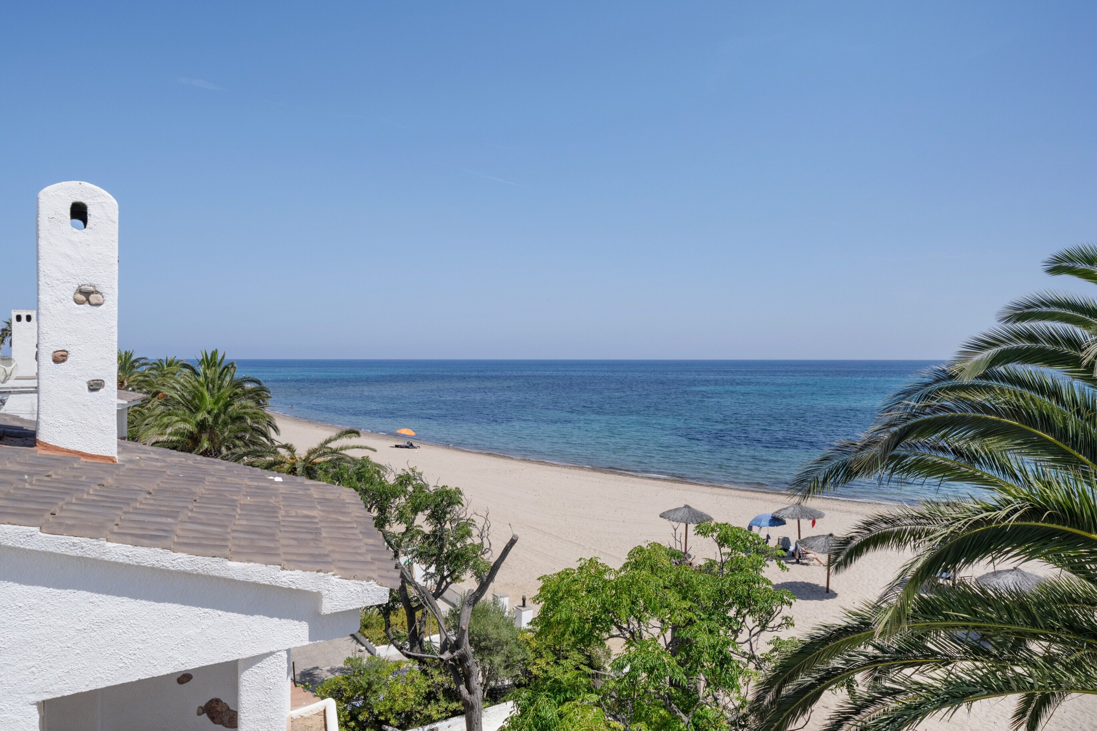 A beach view with a white building, palm trees, and a clear sky.