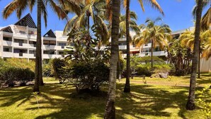 Un resort con palmeras, césped y edificios modernos al fondo.