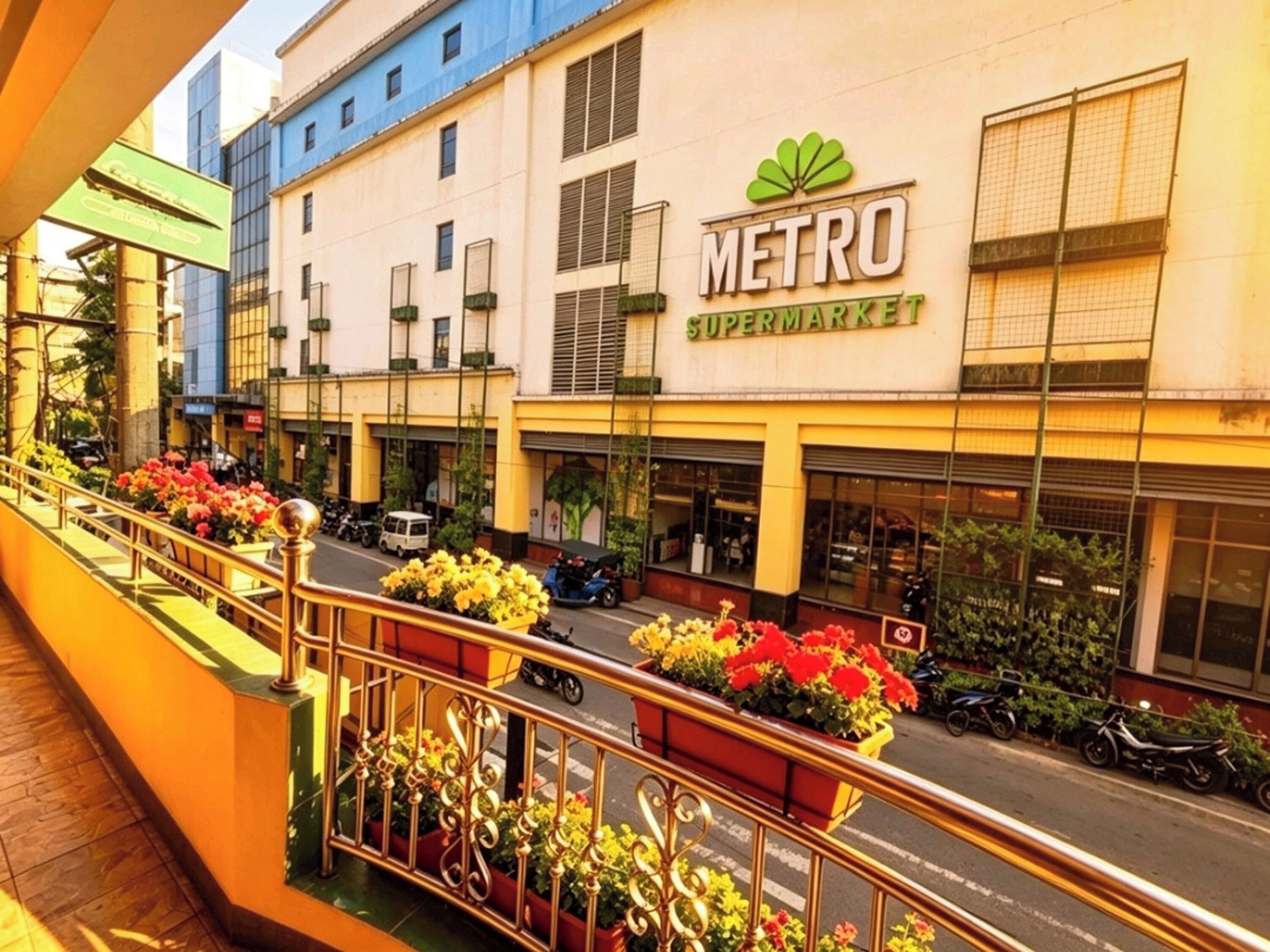 A Metro supermarket with a balcony railing and flower planters.